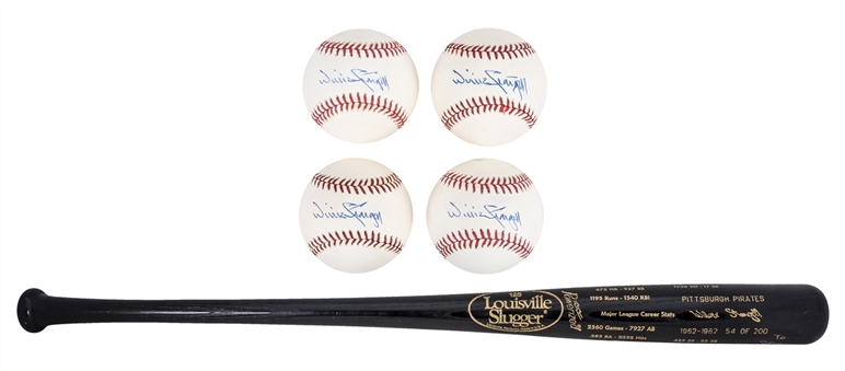 Lot of (5) Willie Stargell Signed Items Including Career Stat Bat and Four (4) Baseballs (JSA Auction LOA)